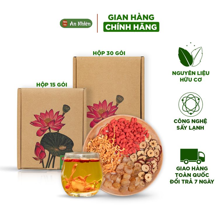 Hộp trà đông trùng tứ vị An Nhiên: hộp 15 gói và hộp 30 gói